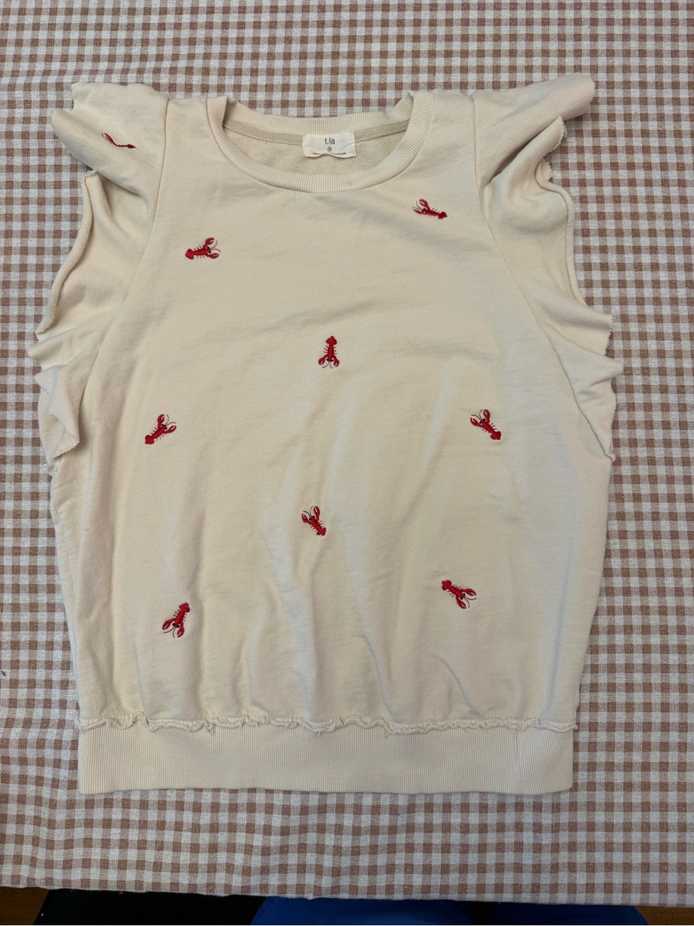 Embroidered Cream Sleeveless Top with Red Lobster Motif Anthropologie Small